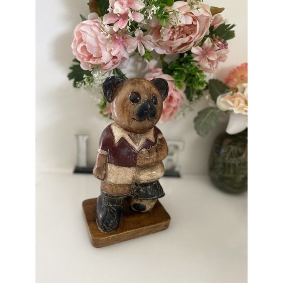 Vintage Wooden Bear Statue Large 10" Soccer Teddy Bear Kids Room Decor Figurine - Picture 6 of 16